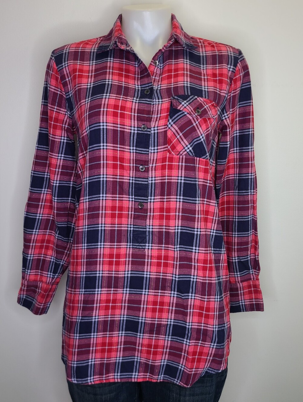 J. Crew Red and Blue Gold Metallic Plaid Half Button Front Shirt Tunic Top XS